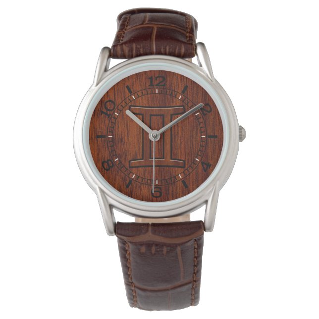 Montre Symbole moderne Gemini Zodiac sur Mahogany comme D (devant)