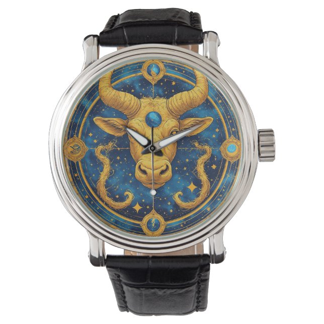 Montre Symbole Taureau Doré Sur Cercle Bleu (devant)