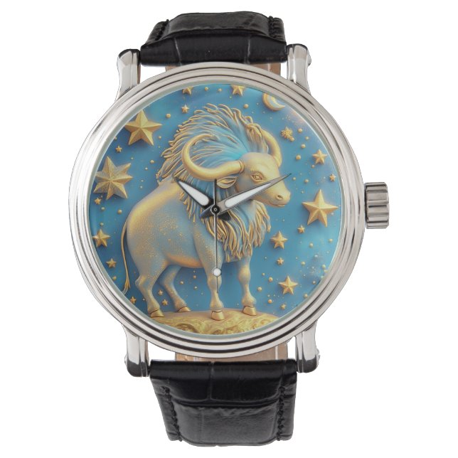 Montre Symbole Taureau Doré sur Cercle Bleu (devant)