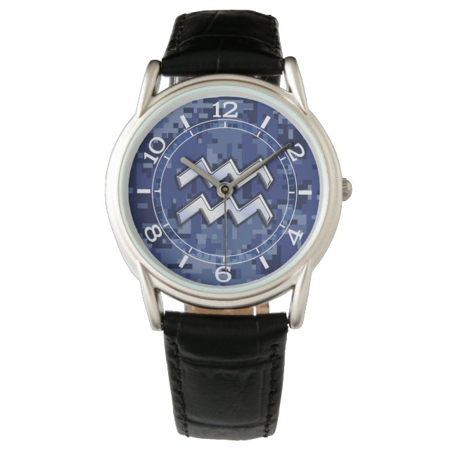 Montre Symbole Zodiaque Aquarius sur cadran numérique ble (devant)