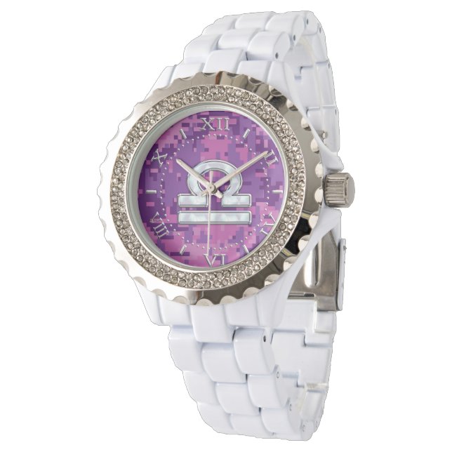 Montre Symbole Zodiaque de la Libra moderne sur Fuchsia C (Incliné)