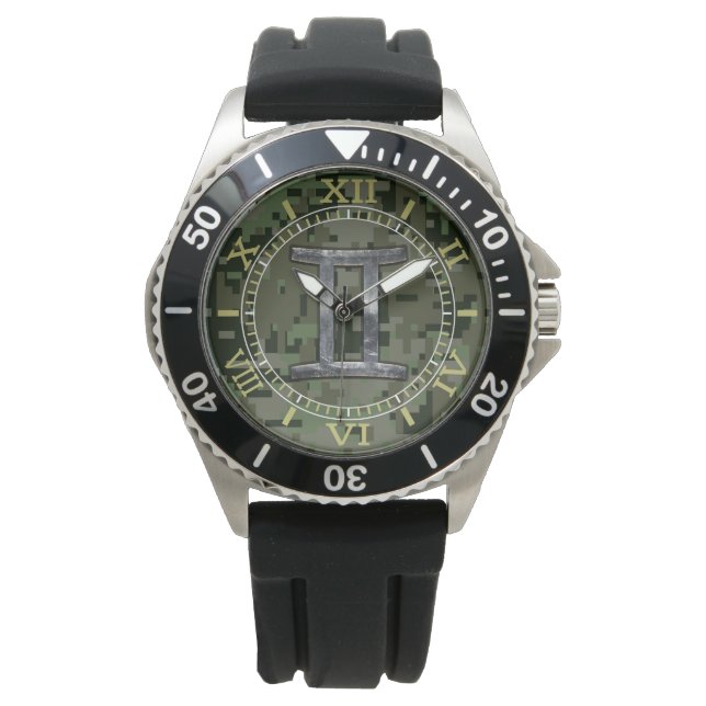 Montre Symbole zodiaque Gemini sur cadran camouflage vert (devant)