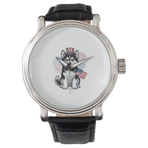Montre T-shirt de conception de chiot Husky patriotique v