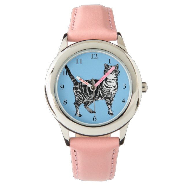 Montre Tabby Chat Noir Blanc Chats Cute Rose Bleu Filles (devant)