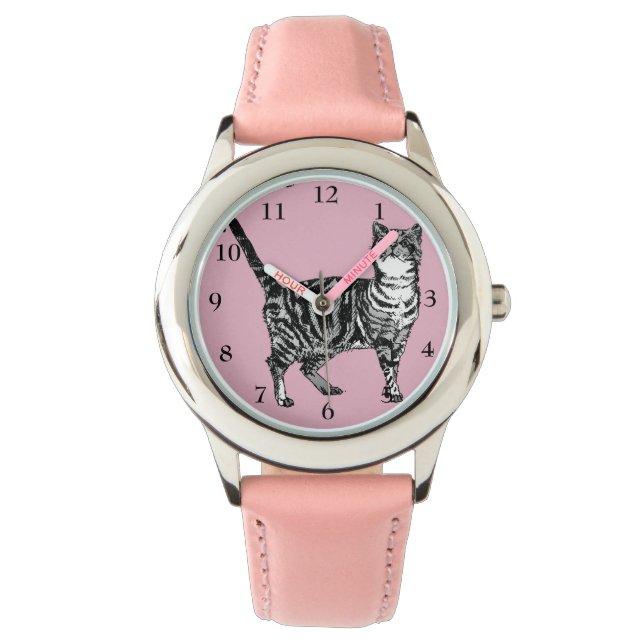 Montre Tabby Chat Noir Blanc Chats Cute Rose Girls Watch (devant)