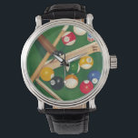 Montre Table de billard Lifelike avec boules et craie<br><div class="desc">Faites-les monter avec ce tableau spectaculaire d'une table de billard de Jennifer Goldberger. Les boules ont l'air neuves, le feutre a l'air immaculé, et la craie a déjà été appliquée aux bâtons de repère. Accrochez-le à la maison ou offrez-le à un ami ou à un proche qui aime jouer au...</div>