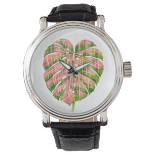 Montre Tartan rose écossais Monstera aquarelle botanique
