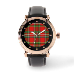 MONTRE TARTAN VERT ROUGE ÉCOSSE AVEC GEMMES ROSES