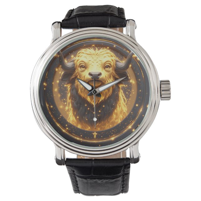 Montre Taureau doré en or dans une roue zodiacale circula (devant)