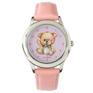 Montre Teddy Bear sur Arrière - plan rose