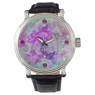 MONTRE TEINTÉ DE BLEU SAPPHIR ABSTRAIT, VAGUES ROSES, ÉTO