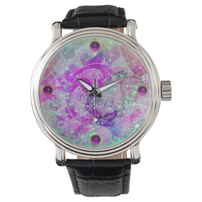 MONTRE TEINTÉ DE BLEU SAPPHIR ABSTRAIT, VAGUES ROSES, ÉTO (devant)