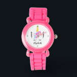 Montre Temps enchanté : Unicorne personnalisée Glittery r<br><div class="desc">Dégustez votre petit avec le "Temps enchanté" Personnalisé Montre Unicorne, un cadeau parfait pour les anniversaires ou toute occasion spéciale. Cette charmante montre présente une licorne aux cheveux arc-en-ciel blanc, ornée d'une couronne, d'accents floraux et de mignonnes cils somptueux, dressés contre un arrière - plan rose étincelant. Conçue avec les...</div>