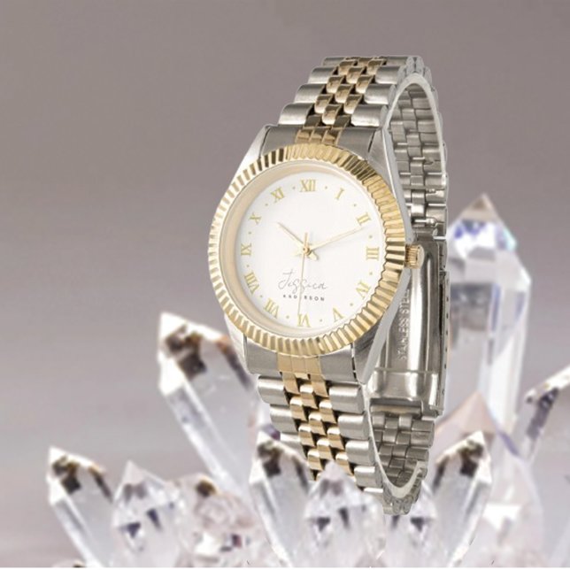 Montre Tendance Beige élégant Monogramme Or Nom (Créateur téléchargé)