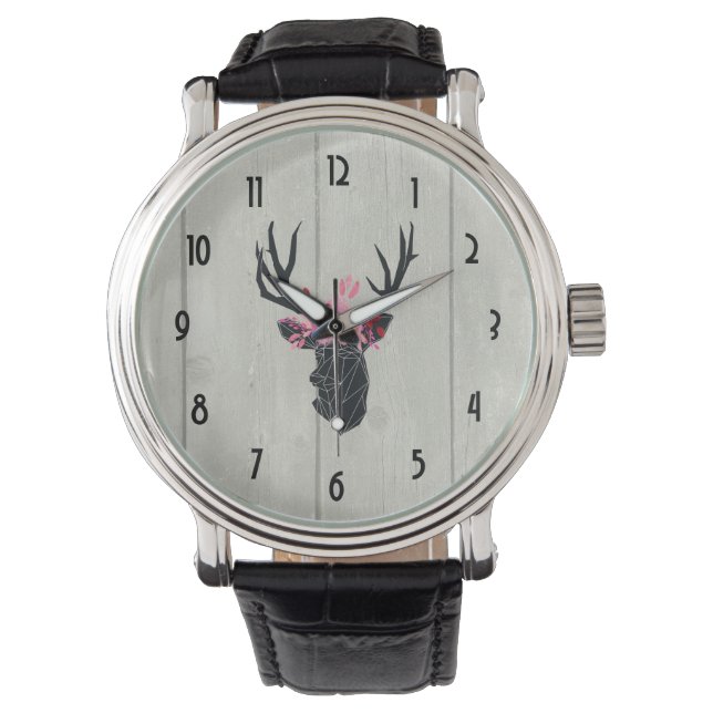 Montre Tête de cerf géométrique avec couronne florale (devant)