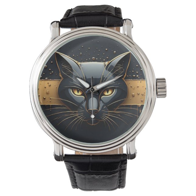 Montre Tête de chat noir avec design à gouttes d'or 🐈 (devant)