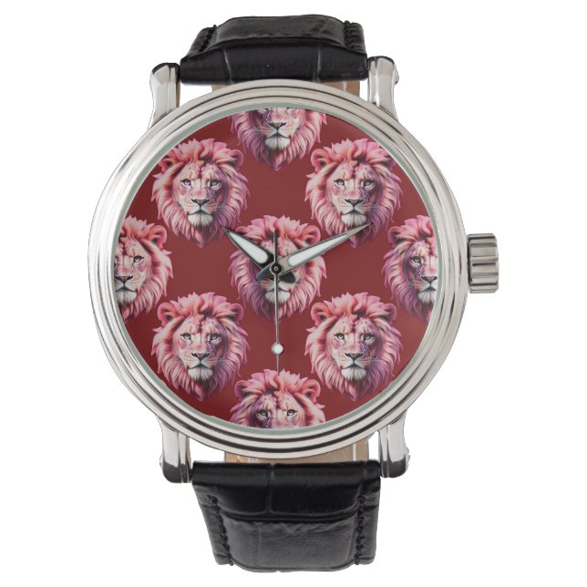 Montre Tête de lion rose bordeaux Design  (devant)