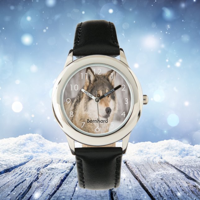 Montre tête de loup personnalisée nom de la forêt d'hiver (Créateur téléchargé)