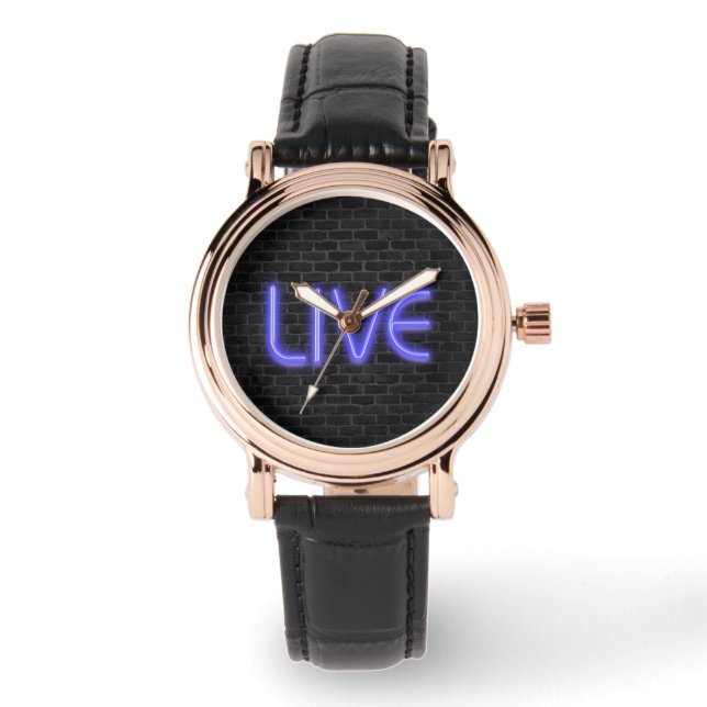 Montre Texte LIVE sous éclairage au néon sur brique (Recto)