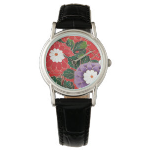 Montre Textile japonais vintage - Dahlias rouges
