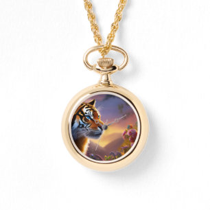 Montre Tigre bleu et fleurs roses