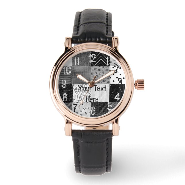 Montre tissu patchwork noir et blanc vintage élégant (Recto)
