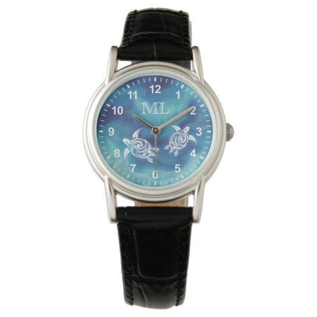 Montre Tortues blanches dans l'océan bleu Monogramme aqua (devant)