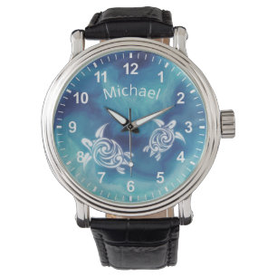Montre Tortues blanches en Aquarelle Bleue Océan Bleu Vot