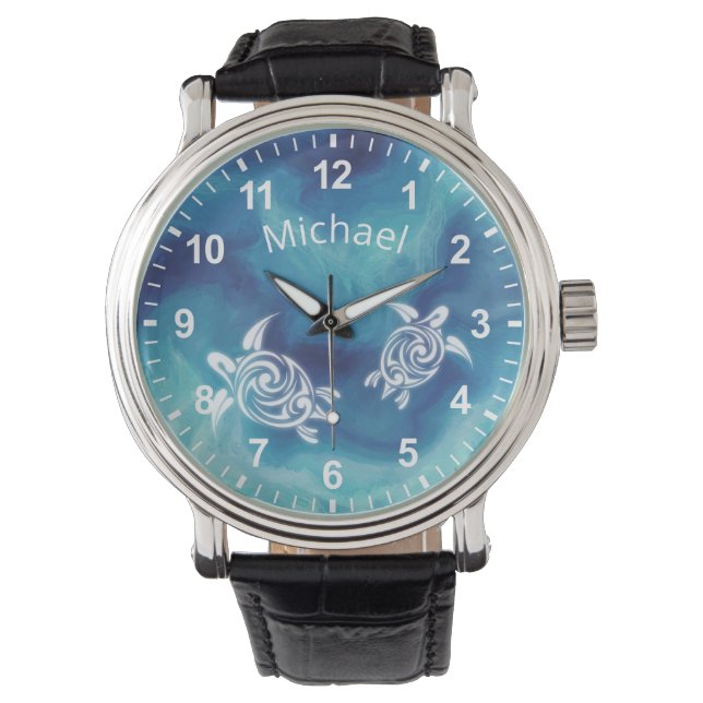 Montre Tortues blanches en Aquarelle Bleue Océan Bleu Vot (devant)