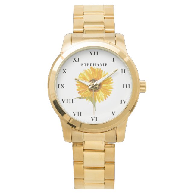 Montre Tournesol Aquarelle Jaune Floral Moderne (devant)