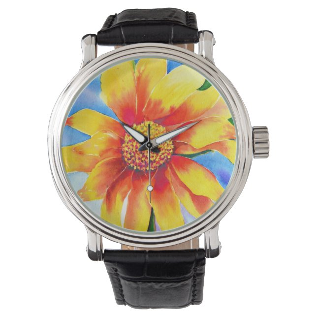 Montre Tournesol aquarelle peinture jaune orangé floral (devant)