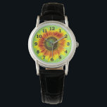 Montre Tournesol Bold Floral Jaune et Fleur verte<br><div class="desc">Ce joli design floral d'été a une floraison de tournesol audacieuse en pleine floraison. Il est fait dans les tons jaune vif, orange vif et brun et vert sur un arrière - plan légèrement en détresse / grunge vert estivale. La grande fleur a un look peint. Si vous aimez les...</div>