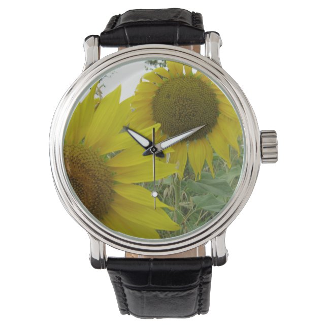 Montre Tournesol Photo Personnalisé Cuir Vintage noir (devant)