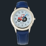 Montre Tracteur de ferme mignonne pour garçon Enfants ave<br><div class="desc">Cette jolie montre pour enfants présente un dessin de tracteur rouge dessiné à la main sur le bleu,  avec des chiffres clairs,  et peut être personnalisée avec le nom de votre garçon. Parfait pour une ferme et tracteur amoureux enfants première montre! Consultez notre magasin pour d'autres modèles mignons.</div>