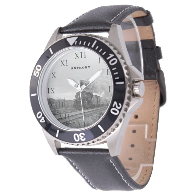 Montre Train Locomotive vintage Anniversaire Voyage noir (Incliné)