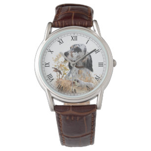 Montre Tri Couleur Anglais Setter Art, chasse en bois
