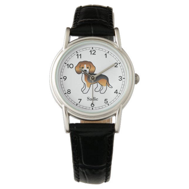 Montre Tricolor Beagle Chien Illustration & Nom personnal (devant)