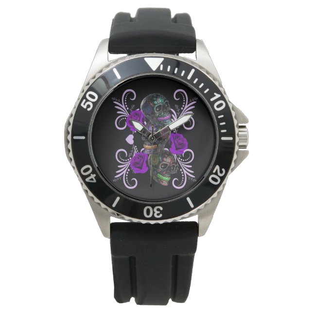 Montre Triple Jour Noir Des Crânes Morts Roses Violets (devant)