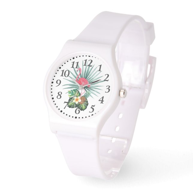 Montre Tropical Caribbean Pink Flamant rose Silicone Watc (Angle)