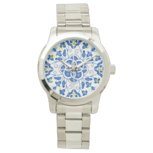 Montre Tuiles portugais Azulejos Floral Elégant Bleu