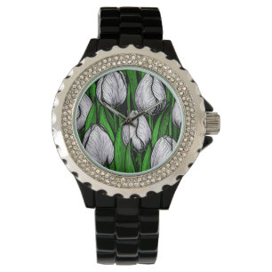 Montre Tulières blanches avec feuilles verts