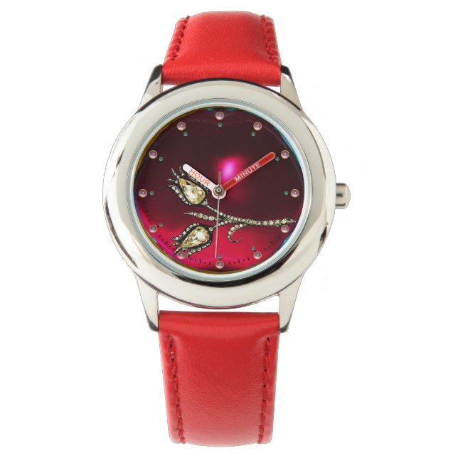 Montre TULIPS EN DIAMANT IMPRIMÉ, Pierres rouges en rubis (devant)