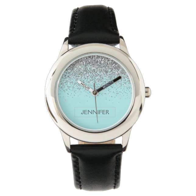 Montre Turquoise Aqua Blue Silver Parties scintillant Gir (devant)