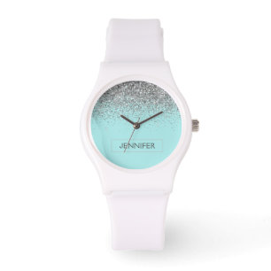 Montre Turquoise Aqua Blue Silver Parties scintillant Gir