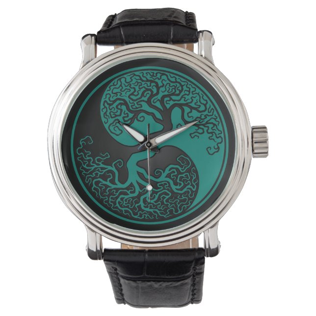 Montre Turquoise Arbre bleu et noir de vie Yin Yang (devant)