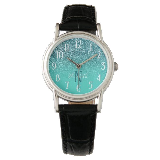 Montre Turquoise Dégradé Paillettes Monogramme Teal (devant)