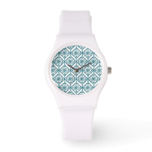 Montre Turquoise sur Motif ethnique blanc, Fleurs, Chevro