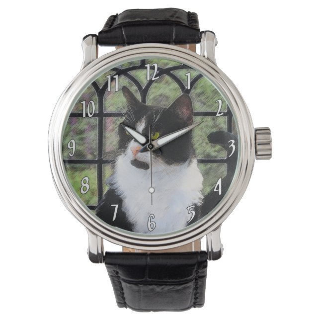 Montre Tuxedo Chat dans la peinture de fenêtre Art animal (devant)