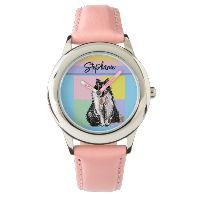 Montre Tuxedo Chat Pastel Couleurs Rose Girls Nom (devant)