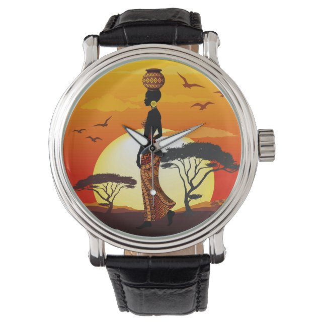 Montre Une belle femme africaine Silhouette sur les solei (devant)